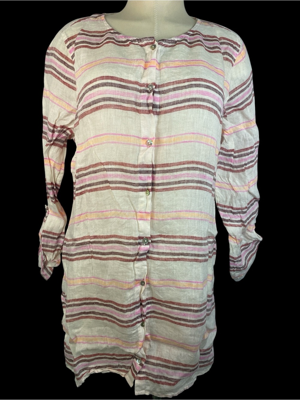 St. Tropez 100% Linen Button-Front Tunic Pink & Brown Stripes Women’s Large